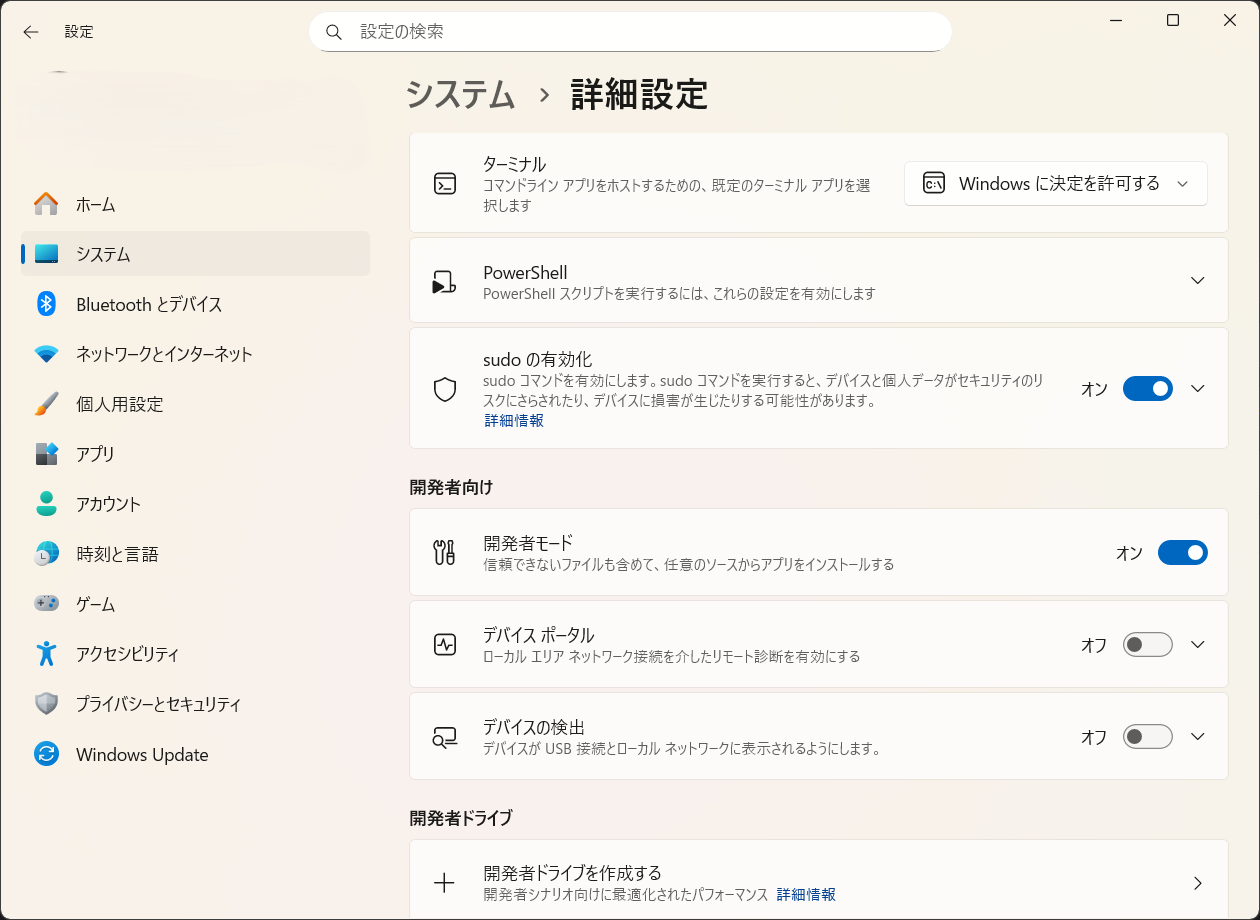 windowsのシステムの設定参考画像